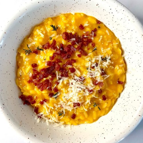 creamy pumpkin saffron risotto with bacon by yeaheating