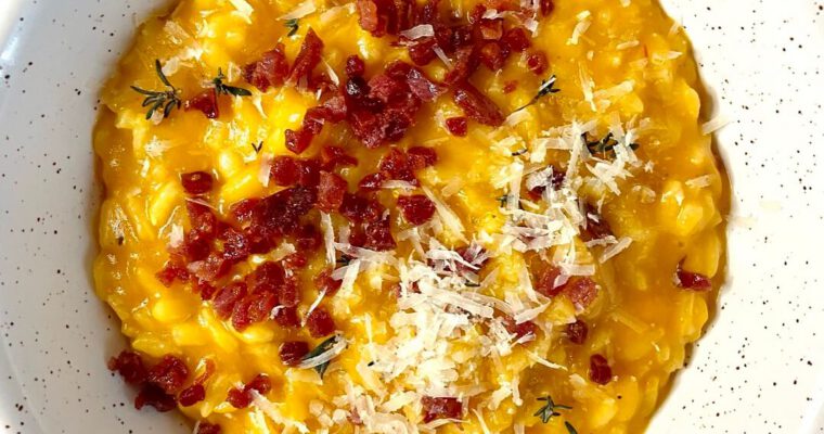 Creamy Pumpkin Saffron Risotto with Bacon